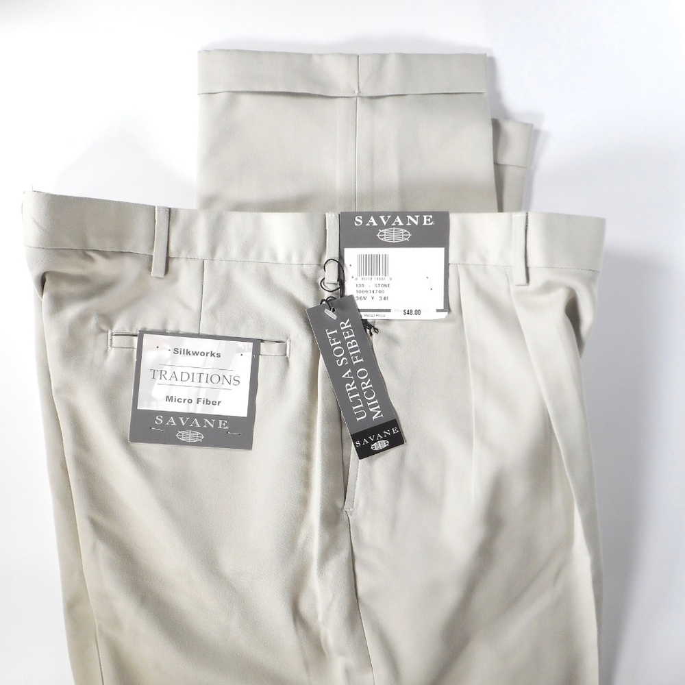 Savane Soft Silkworks 36x34 Mens Pant Pleated Cuff Wrinkle Free MicroFiber Beige